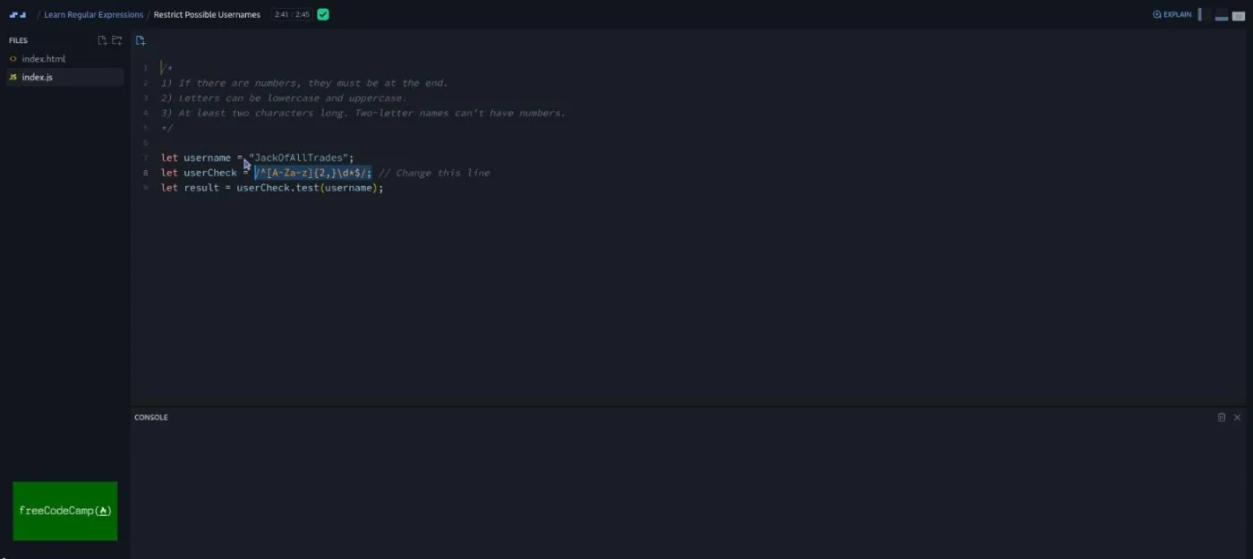 Learn Regular Expressions, username validator lesson: a code editor shows the finished pattern highlighted below the rules.