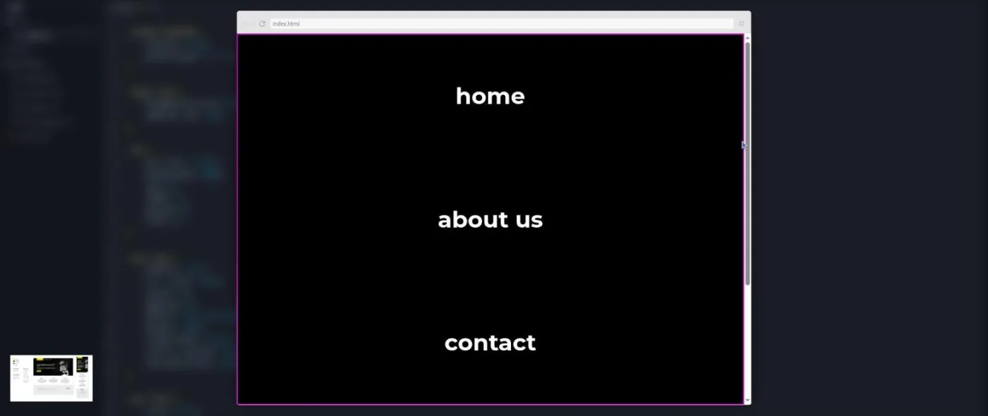 Learn Responsive Web Design, mobile navigation lesson: browser preview showing a full-screen menu with centered links.