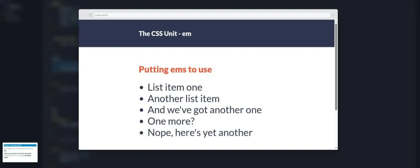 Learn Responsive Web Design, The problem with ems lesson: browser preview showing a bulleted list rendered larger than the heading above it.
