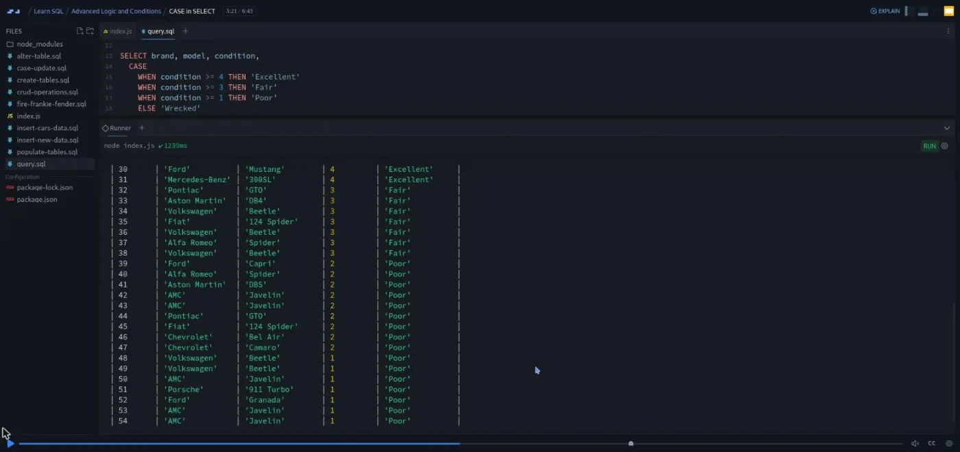 Learn SQL, CASE in SELECT lesson: code editor beside a results table pairing numbers with word labels.