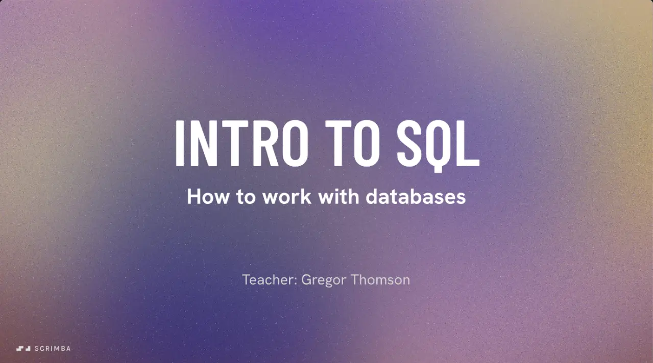 Opening slide of Learn SQL on Scrimba, purple gradient, naming Gregor Thomson as the teacher