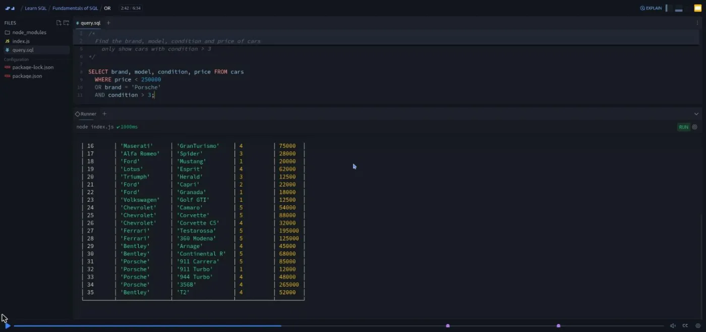 Learn SQL, OR lesson: code editor beside query results still including rows that should be excluded.