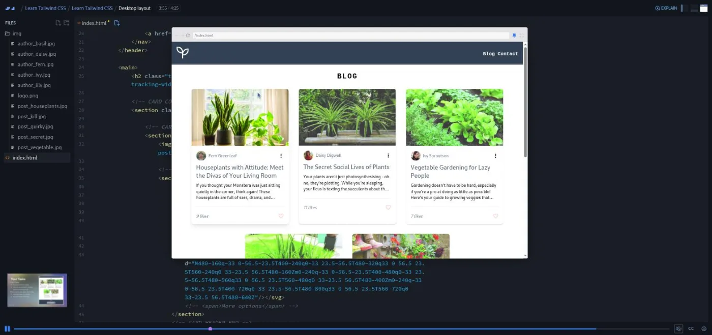 Learn Tailwind CSS, Desktop layout lesson: an enlarged preview of the finished plant blog with three cards.