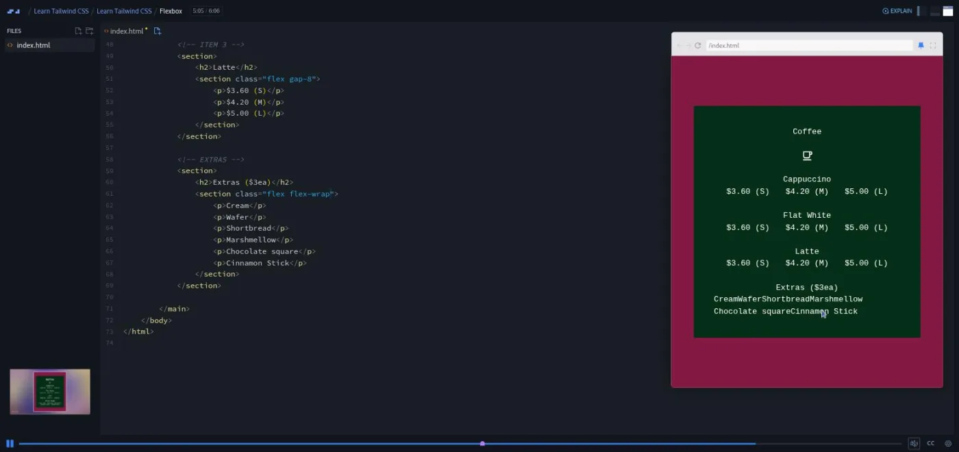 Learn Tailwind CSS, Flexbox challenge: a dark green cafe menu preview beside the code editor.