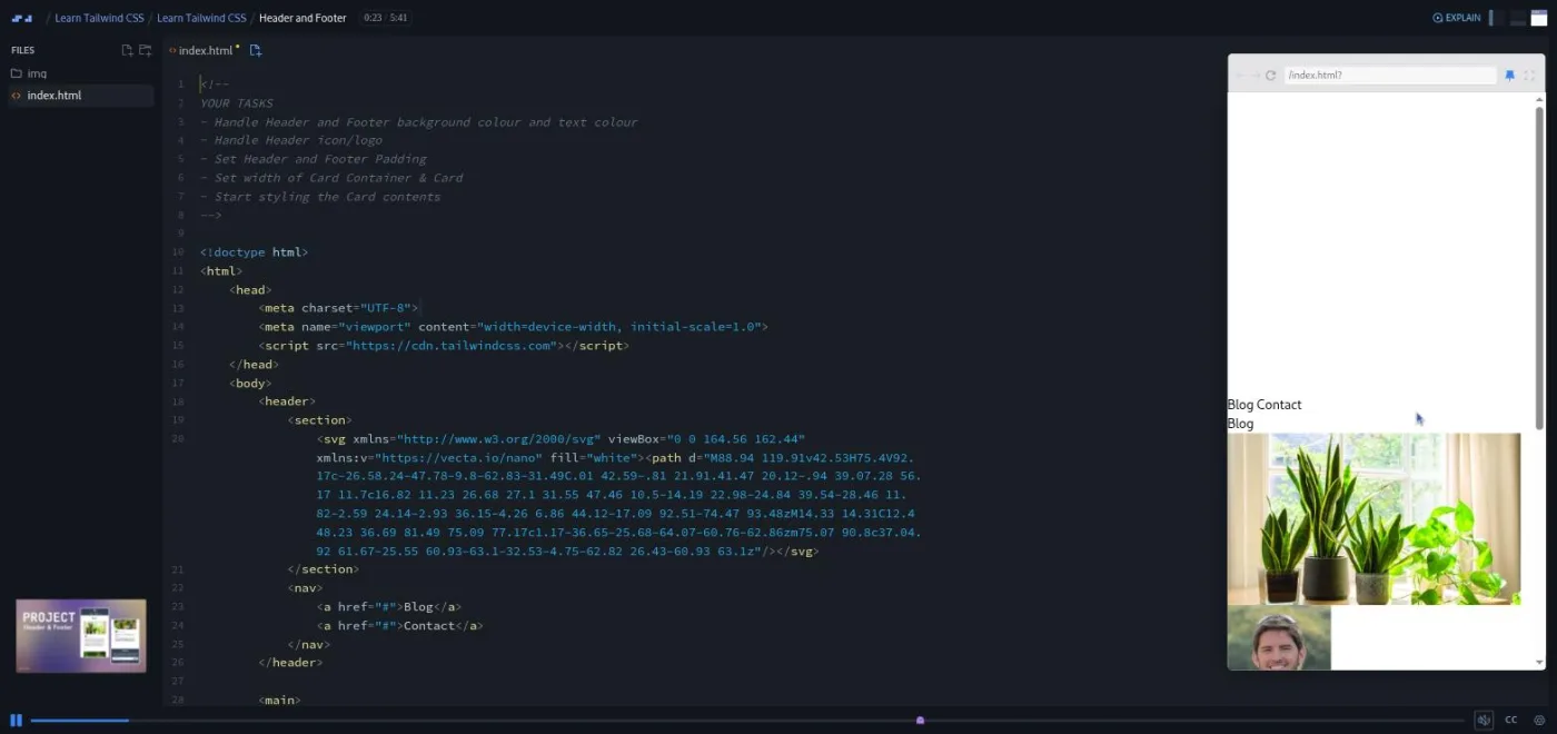 Learn Tailwind CSS, Header and Footer lesson: an unstyled blog preview beside the starter code editor.