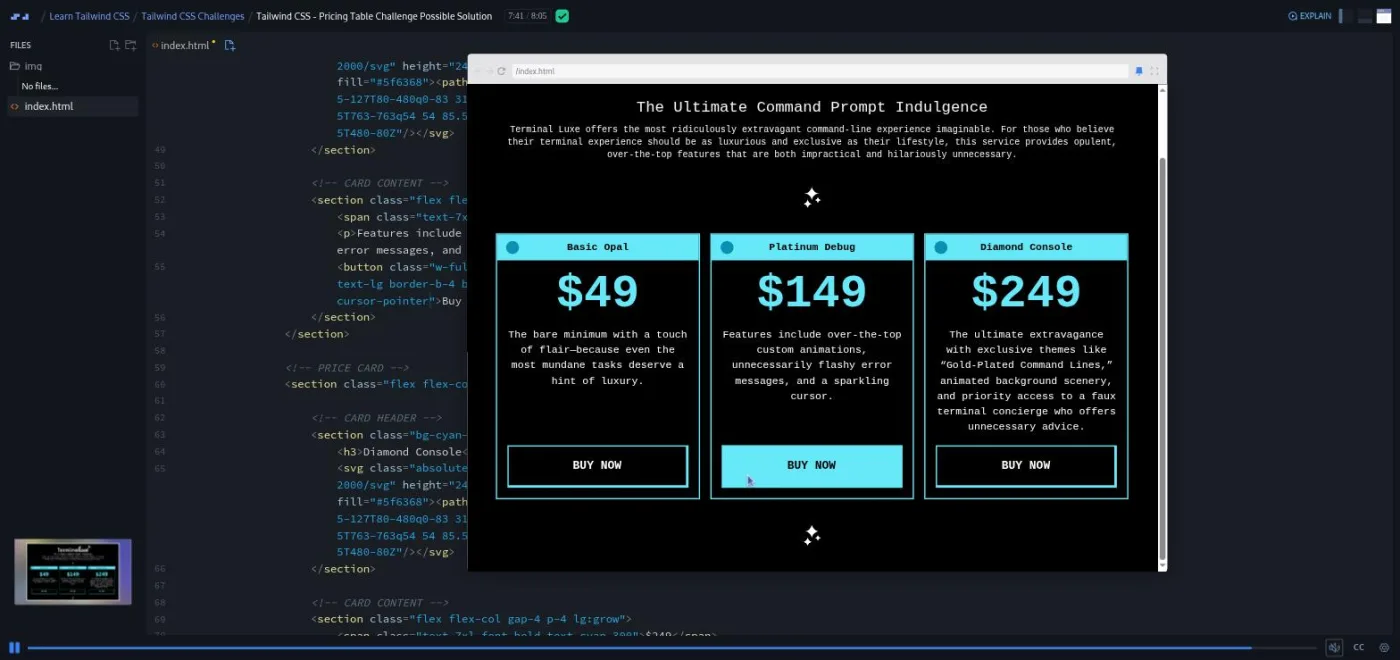 Learn Tailwind CSS, Pricing Table challenge solution: a black and cyan terminal-style pricing table preview.