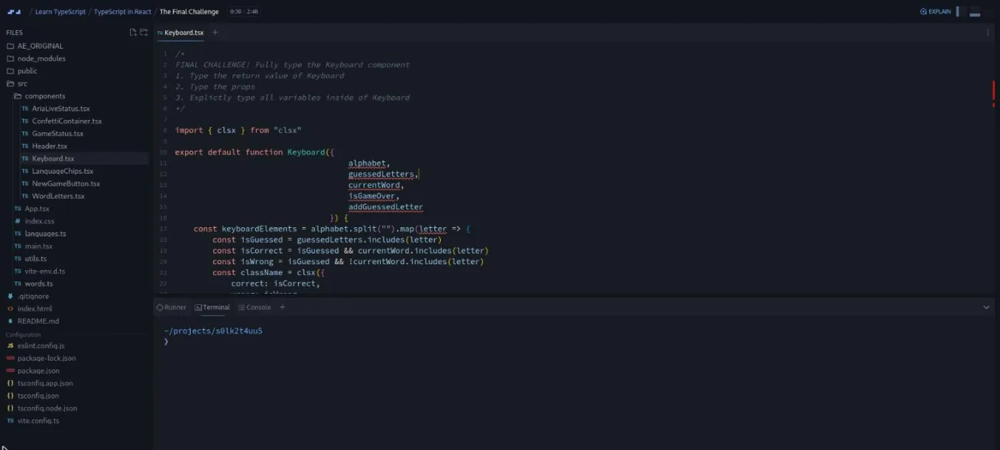 Learn TypeScript, Final Challenge lesson: a comment brief sits above five untyped props underlined in red.