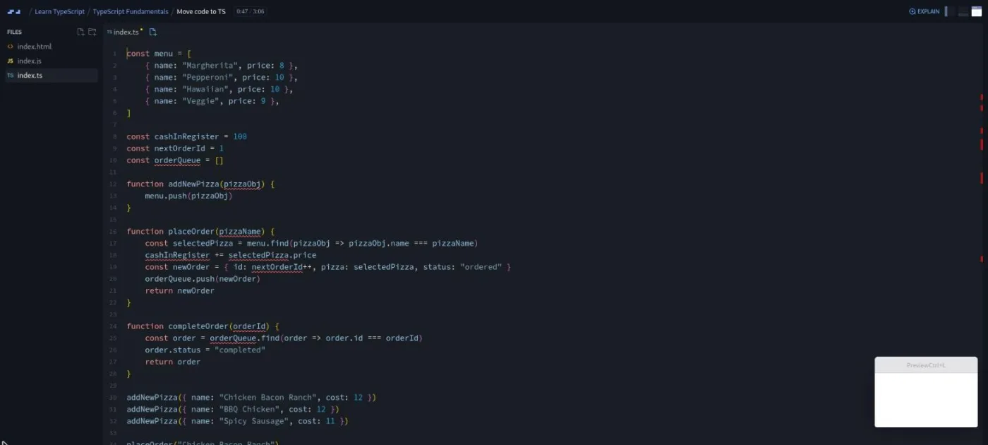 Learn TypeScript, Move code to TS lesson: the same file now shows several variables underlined in red.