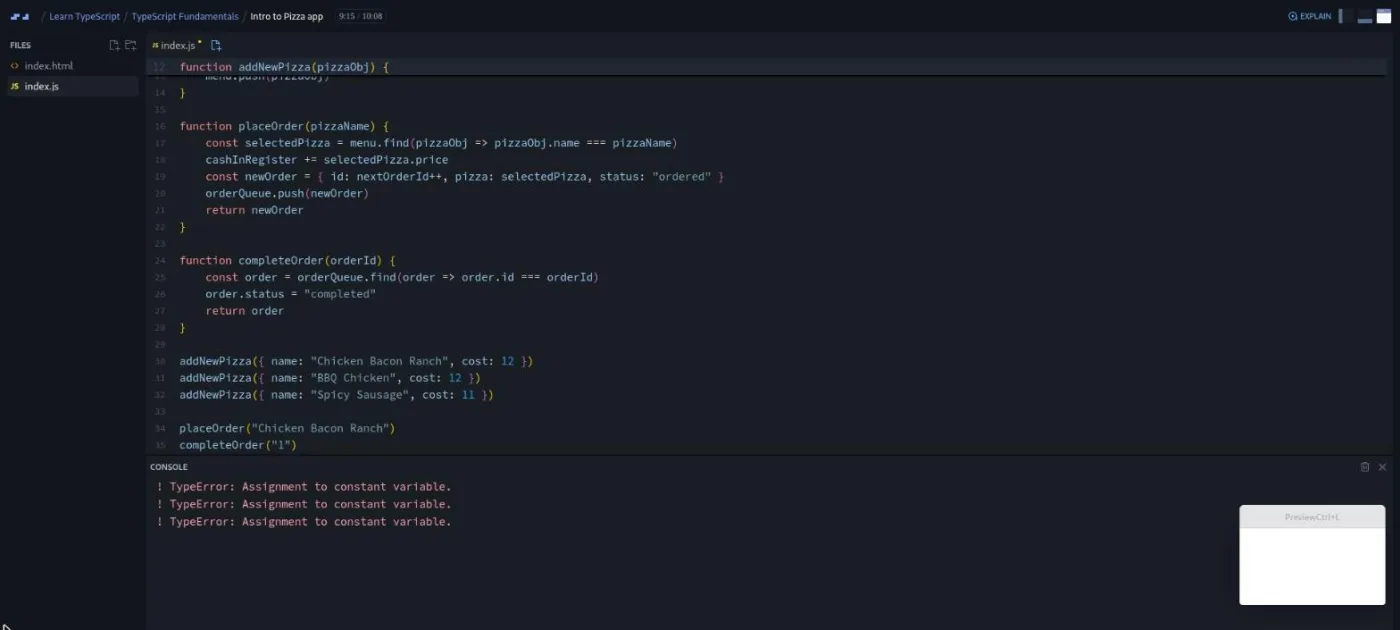 Learn TypeScript, Pizza app lesson: the console shows the same runtime error printed three times in a row.