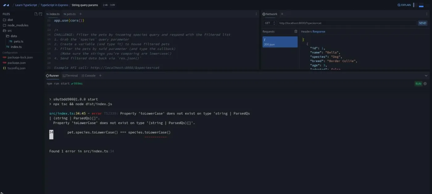 Learn TypeScript, String query params lesson: the terminal shows a type error next to a successful API request in the network panel.
