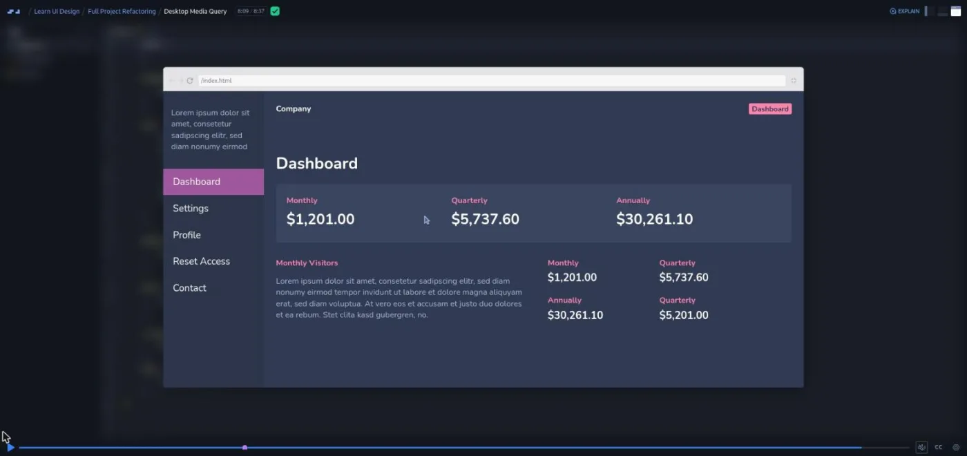 Learn UI Design, Desktop Media Query lesson: the refactored dashboard preview shows a sidebar and data panels at desktop width.