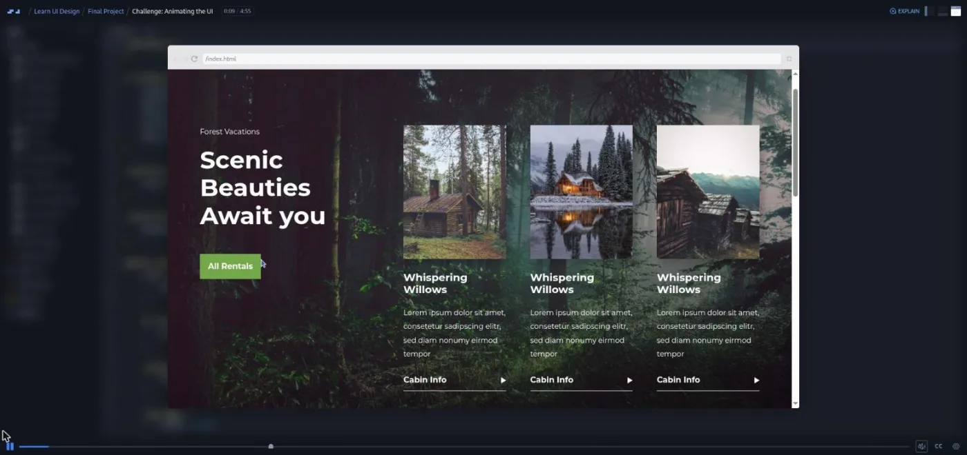 Learn UI Design, final project lesson: the preview shows the Scenic Forests landing page with a forest photo hero and cabin cards.