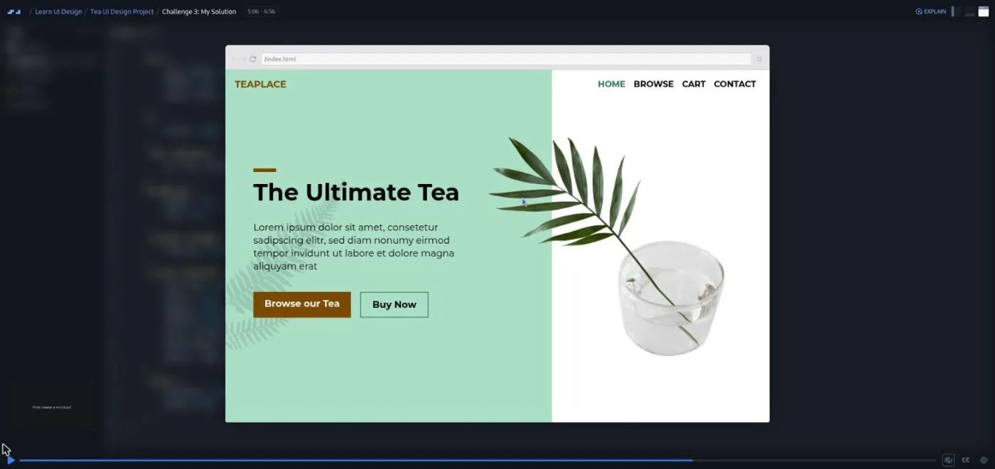 Learn UI Design, TeaPlace solution: the preview shows the finished tea shop landing page at desktop width.