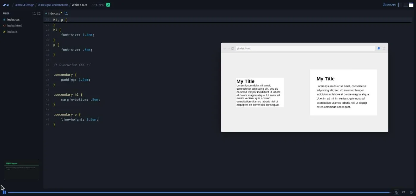 Learn UI Design, White Space lesson: two identical cards side by side, one cramped and one with generous spacing.