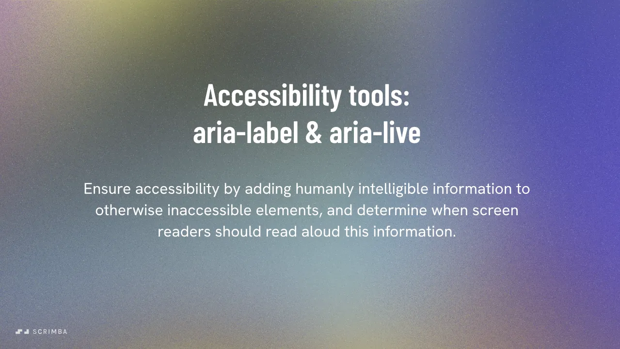 Slide from Scrimba's Build a Memory Game in React course: aria-label and aria-live make elements accessible to screen readers.