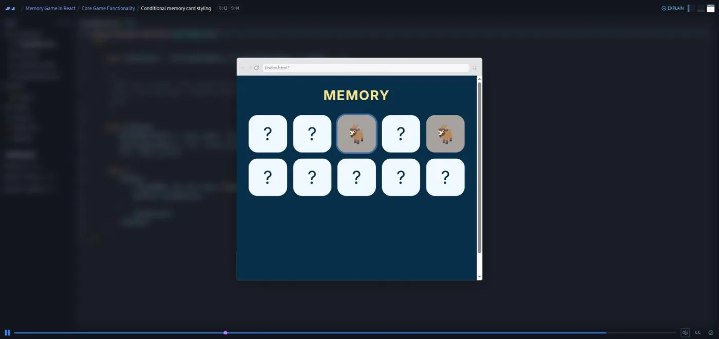 Build a Memory Game in React, Conditional memory card styling lesson: preview showing a greyed-out matched card pair.