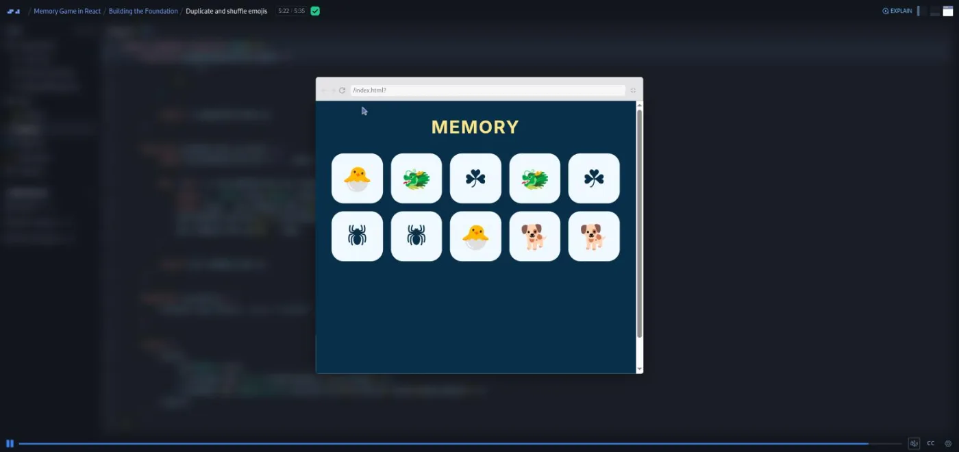 Build a Memory Game in React, Duplicate and shuffle emojis lesson: preview showing ten face-up emoji cards.