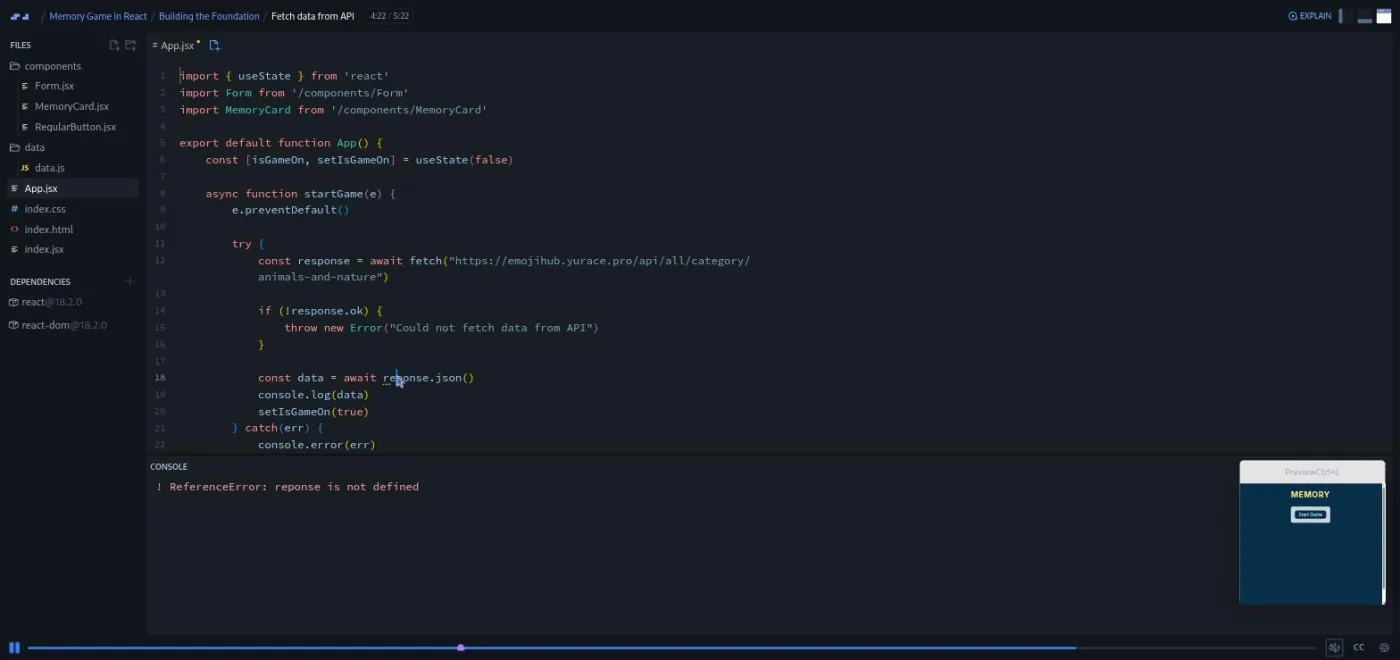 Build a Memory Game in React, Fetch data from API lesson: code editor beside a console reference error.