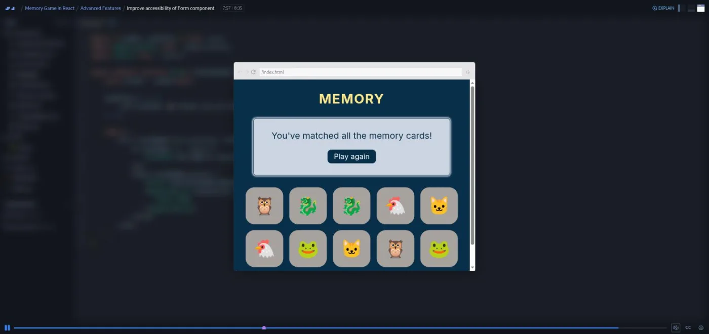 Build a Memory Game in React, final lesson: preview showing the game-over screen with a Play again button.
