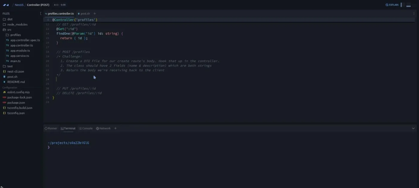 Intro to NestJS, Controller (POST) challenge: code editor showing a numbered task list above the existing GET routes.