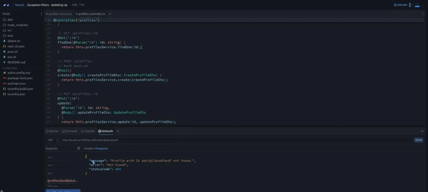 Intro to NestJS, Exception Filters lesson: code editor beside a network tab showing a 404 response with a custom message.