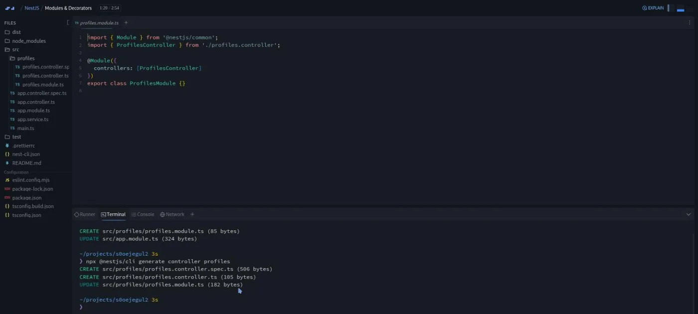 Intro to NestJS, Modules & Decorators lesson: code editor beside a terminal running the CLI generate commands.