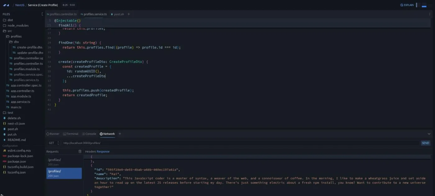 Intro to NestJS, Service (Create Profile) lesson: code editor beside a network tab showing a new profile in the API response.