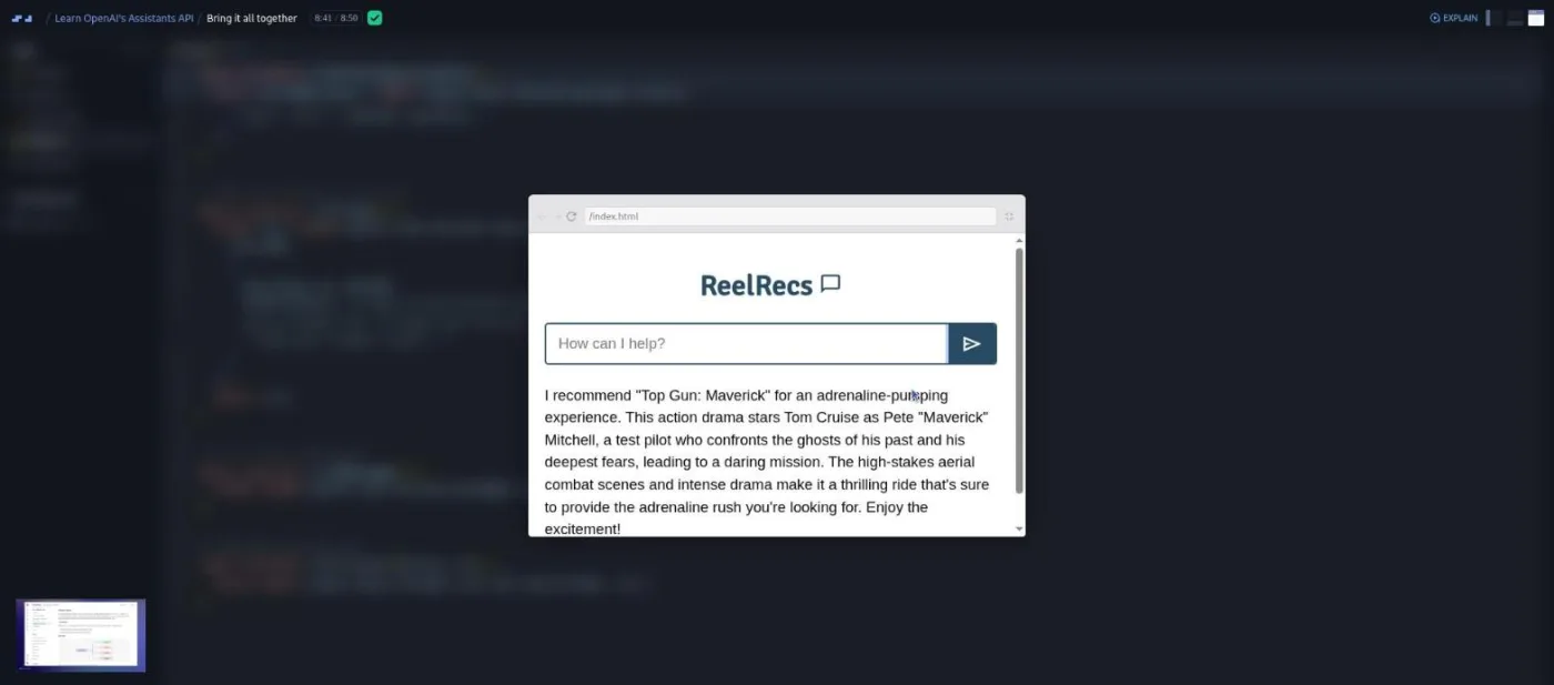 Learn OpenAI's Assistants API, Bring it all together lesson: the finished chatbot preview recommending a movie.