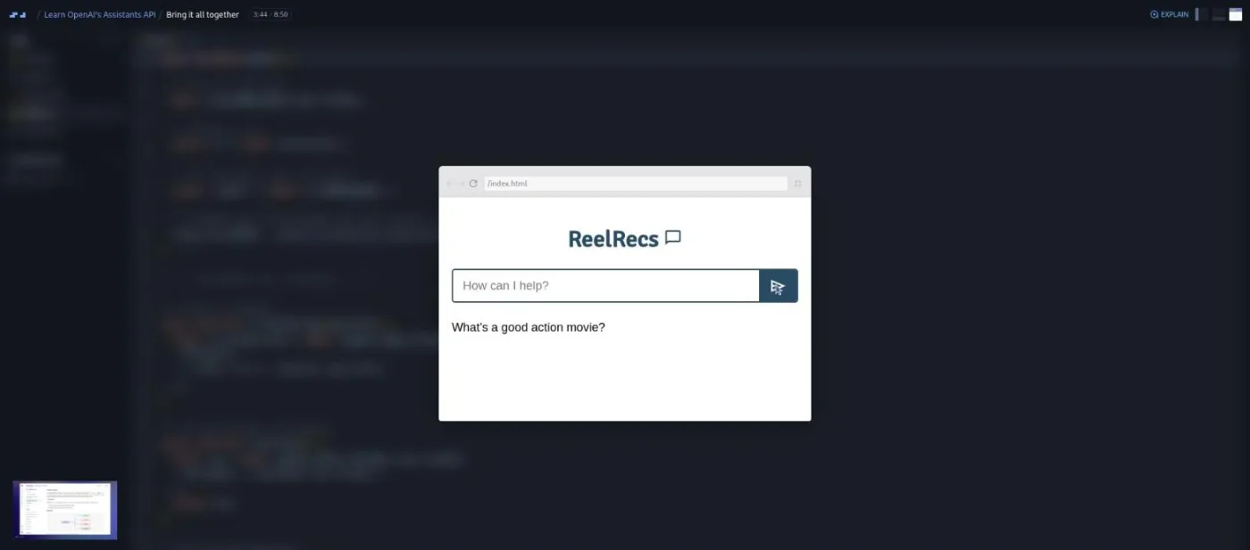 Learn OpenAI's Assistants API, Bring it all together lesson: a chatbot preview echoing the user's own question back as the answer.