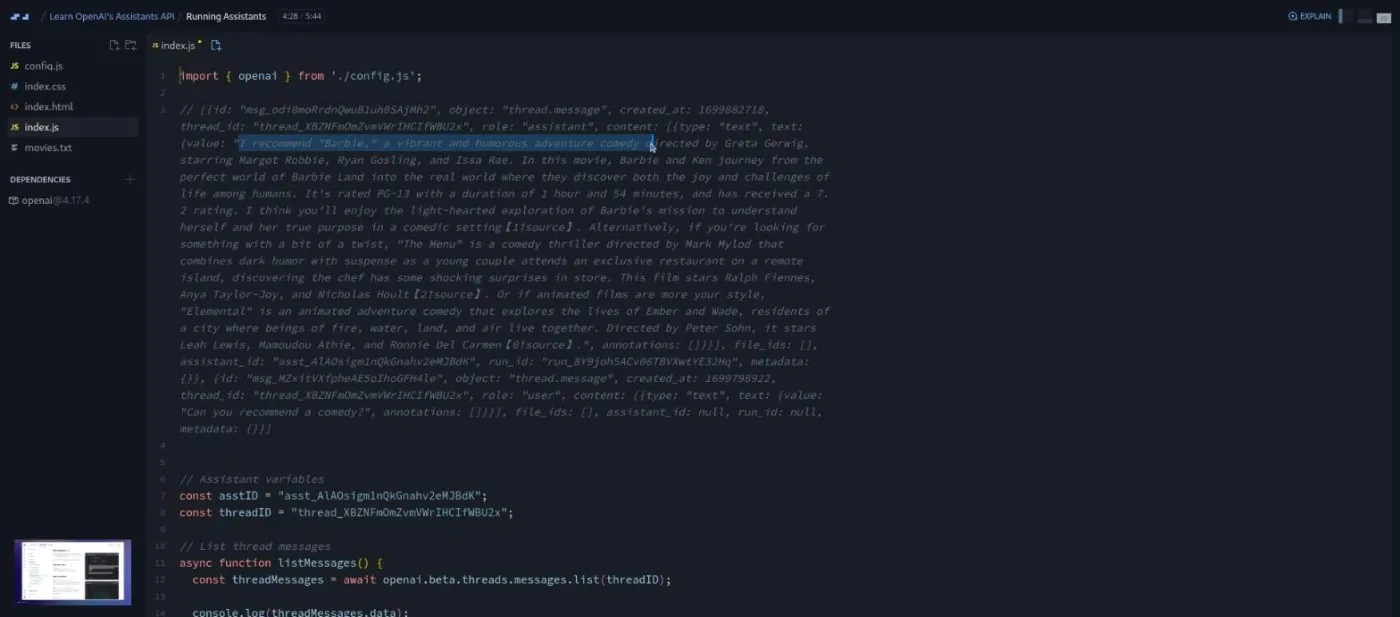 Learn OpenAI's Assistants API, Running Assistants lesson: a code editor showing a chatbot's message reply pasted in as a comment.