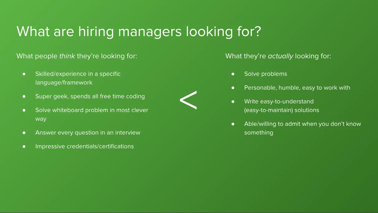 Frontend Developer Path, Getting Hired lesson: a slide listing what hiring managers actually want in a candidate.
