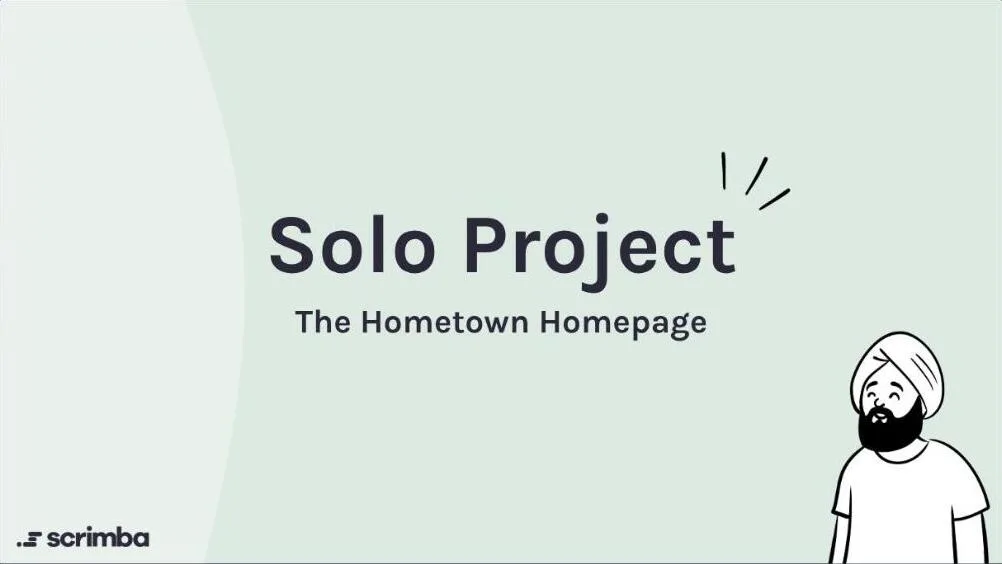 Title card of the Hometown Homepage solo project in Scrimba's Frontend Developer Path, an illustrated student on pale green.