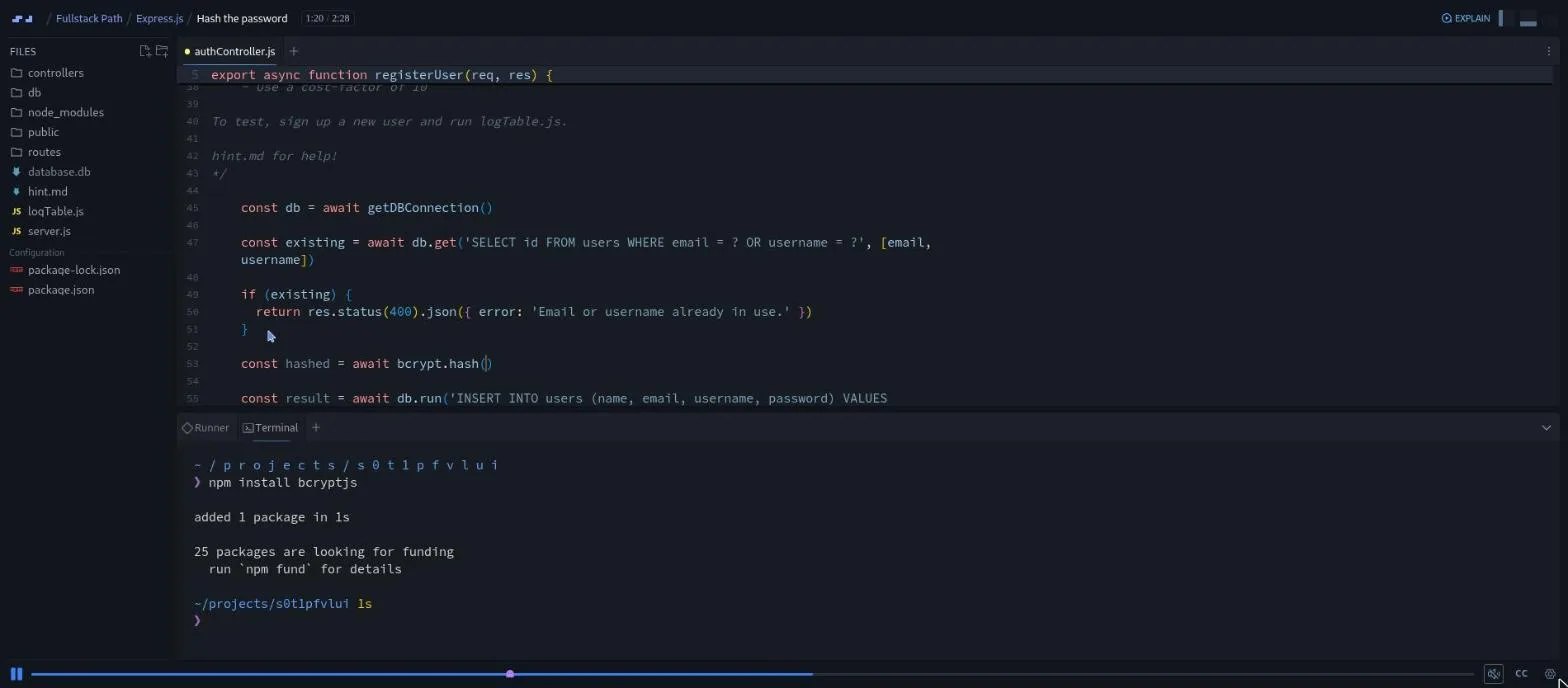 Fullstack Developer Path, Hash the password lesson: code editor beside a terminal installing a password-hashing package.