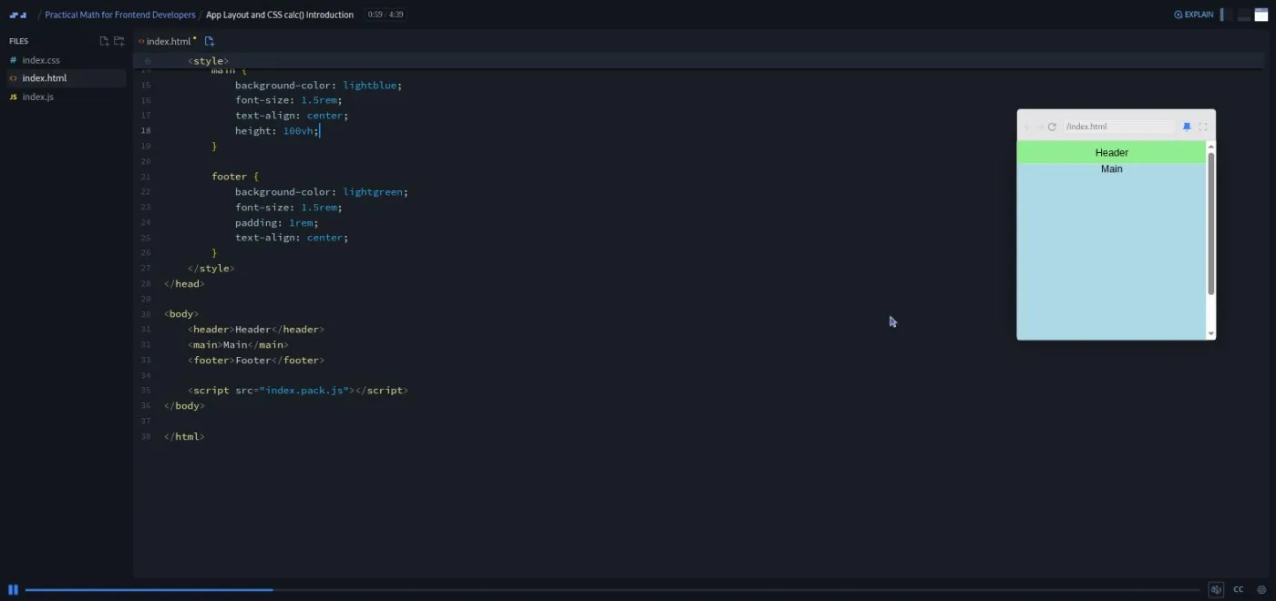 Practical Math for Frontend Developers, CSS layout lesson: the preview shows a page with its footer pushed off screen.