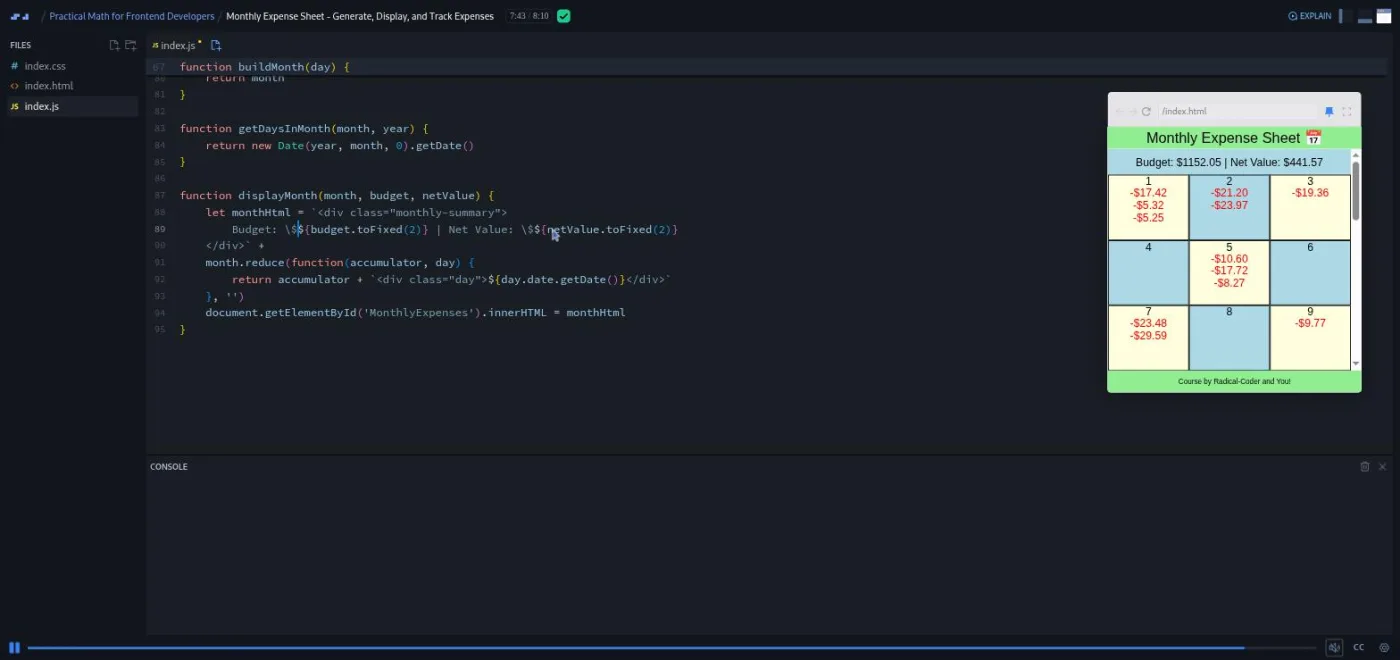 Practical Math for Frontend Developers, expense sheet lesson: the preview shows a finished calendar grid with a budget summary bar.