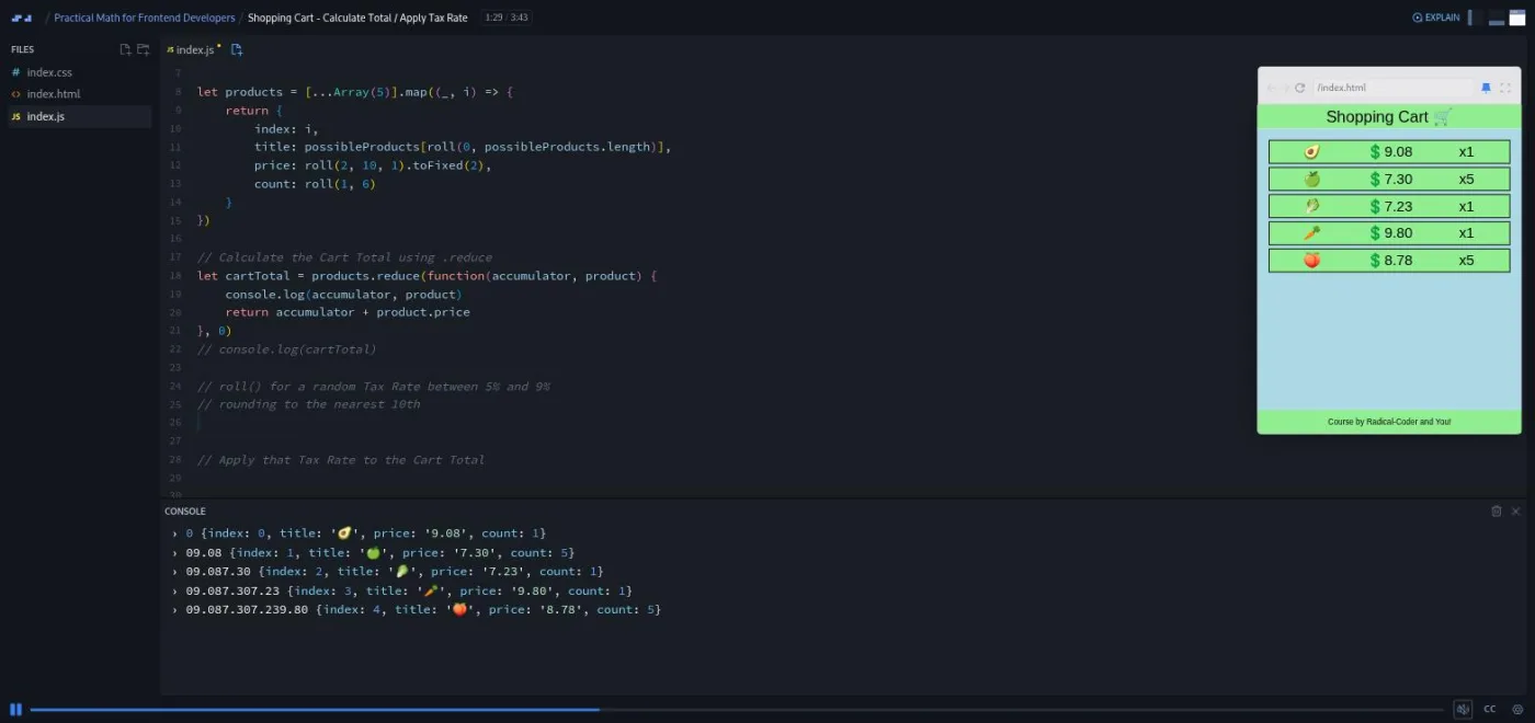 Practical Math for Frontend Developers, Shopping Cart lesson: the console shows a reduce bug concatenating prices as text.