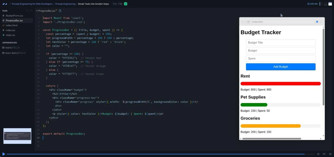 Prompt Engineering for Web Developers, Break Tasks lesson: code editor beside a preview of a budget tracker with colored bars.