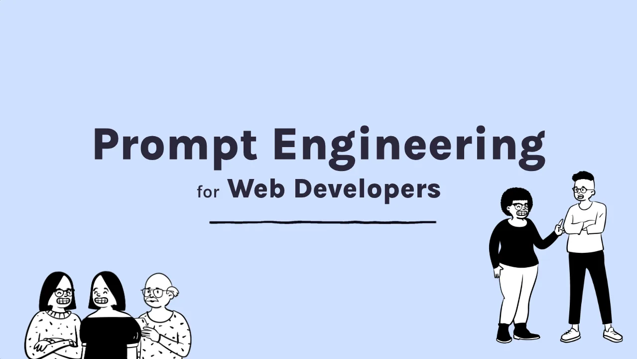 Opening title card of Scrimba's Prompt Engineering for Web Developers course, with line drawings of people in conversation