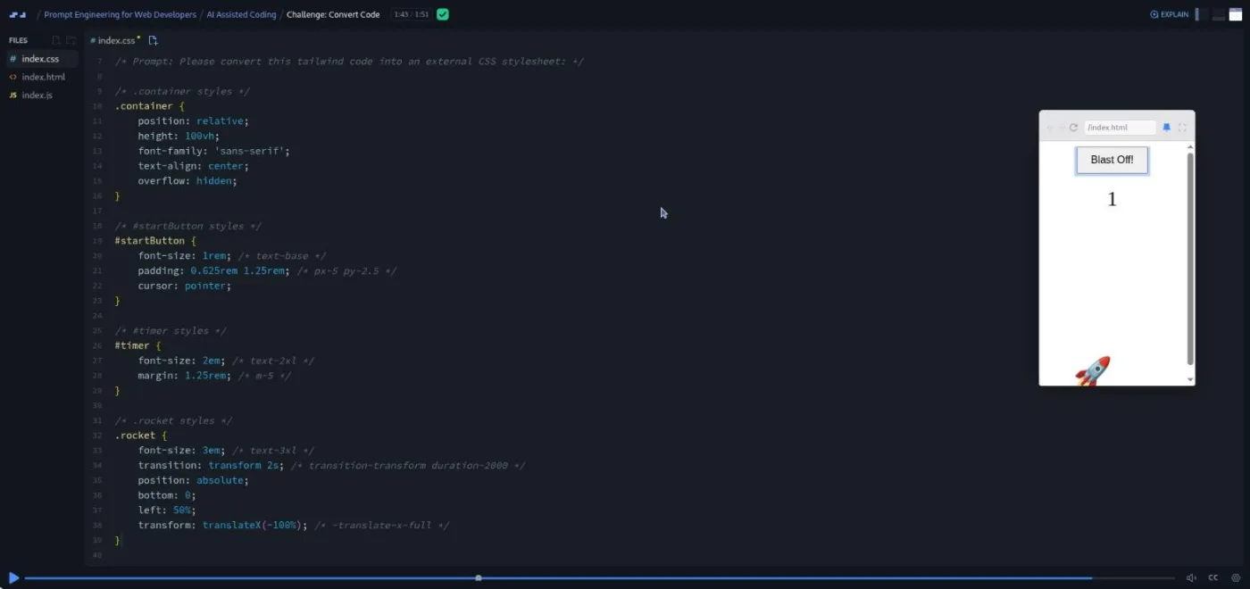 Prompt Engineering for Web Developers, Convert Code challenge: code editor beside a preview of a rocket launch countdown app.