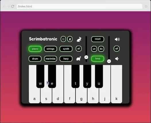 React Challenges, Scrimbatronic challenge: a preview of a synthesizer panel with instrument buttons and a keyboard.