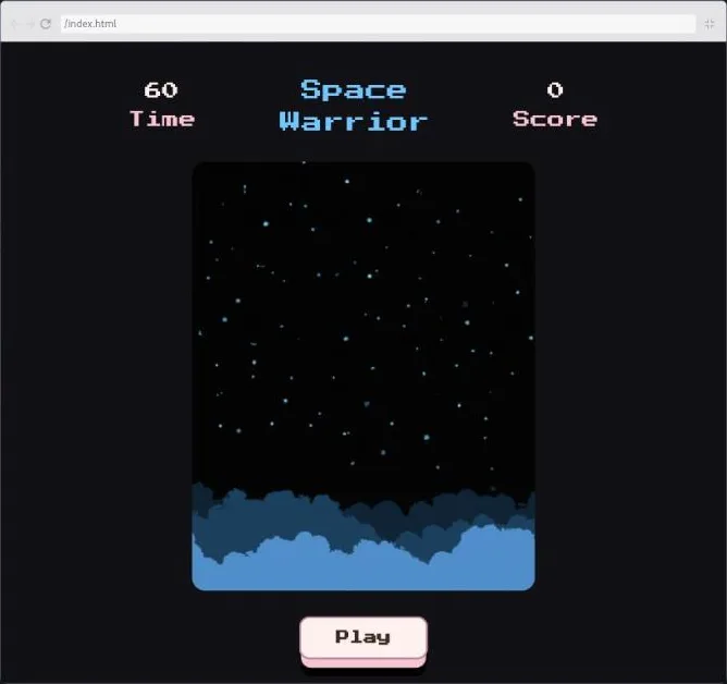 React Challenges, Space Warrior challenge: a preview of a pixel-art arcade game start screen with a Play button.