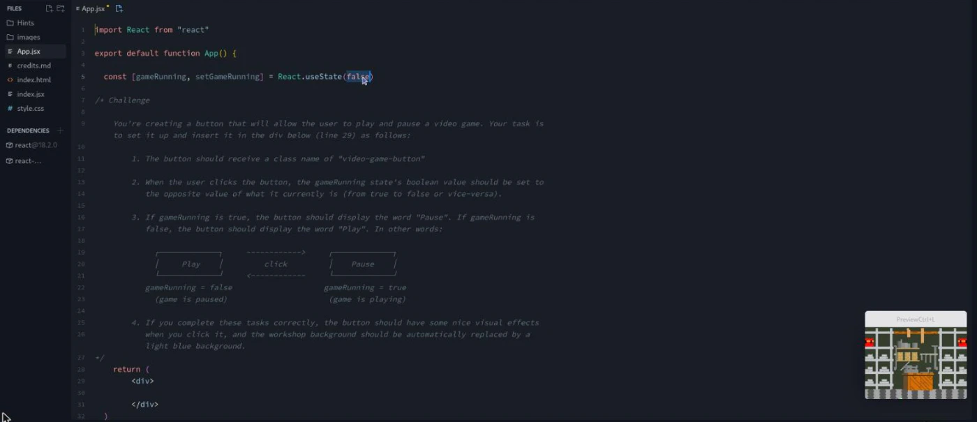 React Challenges, Video Game Button challenge: a code editor showing a numbered brief with a diagram of a toggle button.