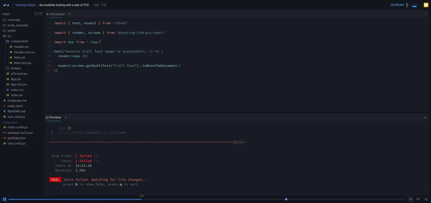 Scrimba Testing in React course: a11y.test.jsx with a failing Vitest assertion for the troll face image's alt text, shown red in the terminal.