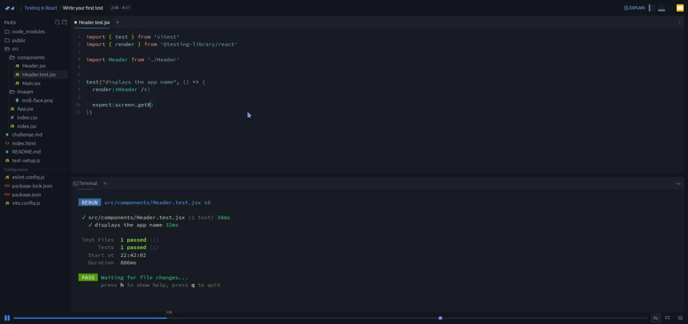 Scrimba Testing in React course: the Header.test.jsx file with a passing Vitest run showing 1 test passed in the terminal below it.