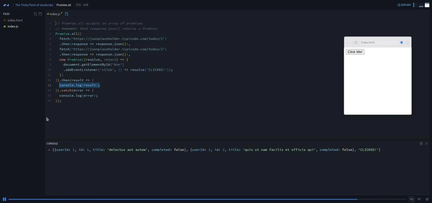The Tricky Parts of JavaScript, Promise.all lesson: a Click Me button in the preview and an array in the console.