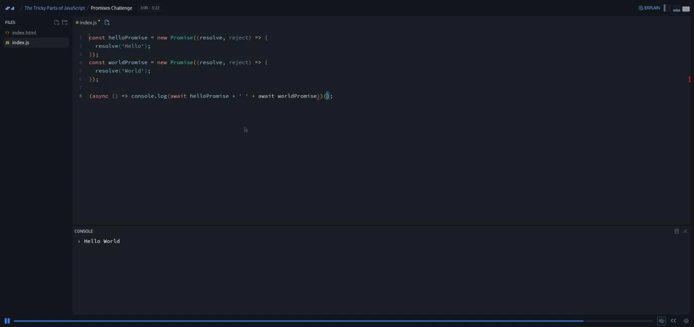 The Tricky Parts of JavaScript, Promises Challenge lesson: the code editor with an async await one-liner and its console output.