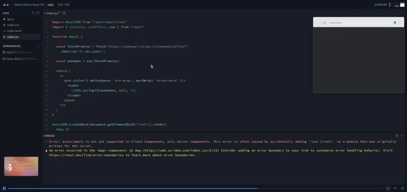 What's New in React 19, use() lesson: the preview is blank and the console shows a Suspense related client error.